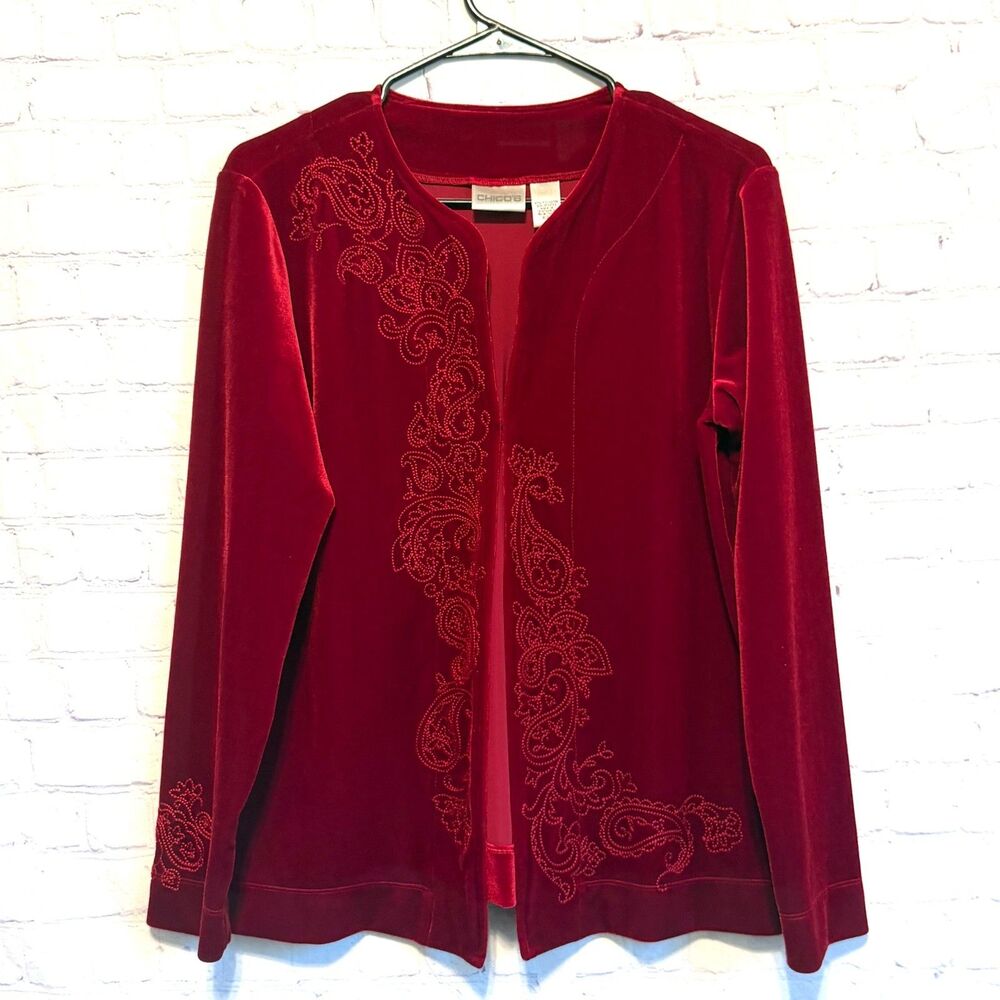 Chico's Women’s Jacket Red Velvet Embroidered Heritage Scroll Vintage Size 1